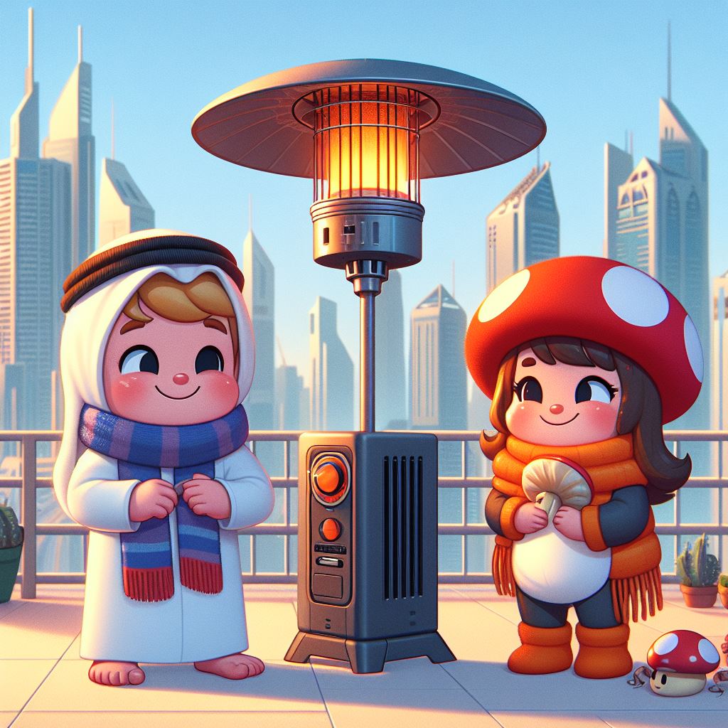 2 kids near modern mushroom patio outdoor gas heater in Dubai